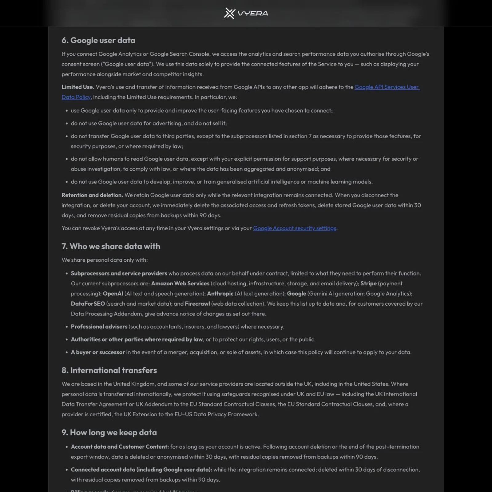 A screenshot of the Vyera privacy policy page shows section 7. Who we share data with, whose subprocessor list names DataForSEO (search and market data) and Firecrawl (web data collection) alongside Amazon Web Services, Stripe, OpenAI, Anthropic and Google, with sections 6. Google user data, 8. International transfers and 9. How long we keep data also visible above and below. No annotation marks appear on the cropped page.