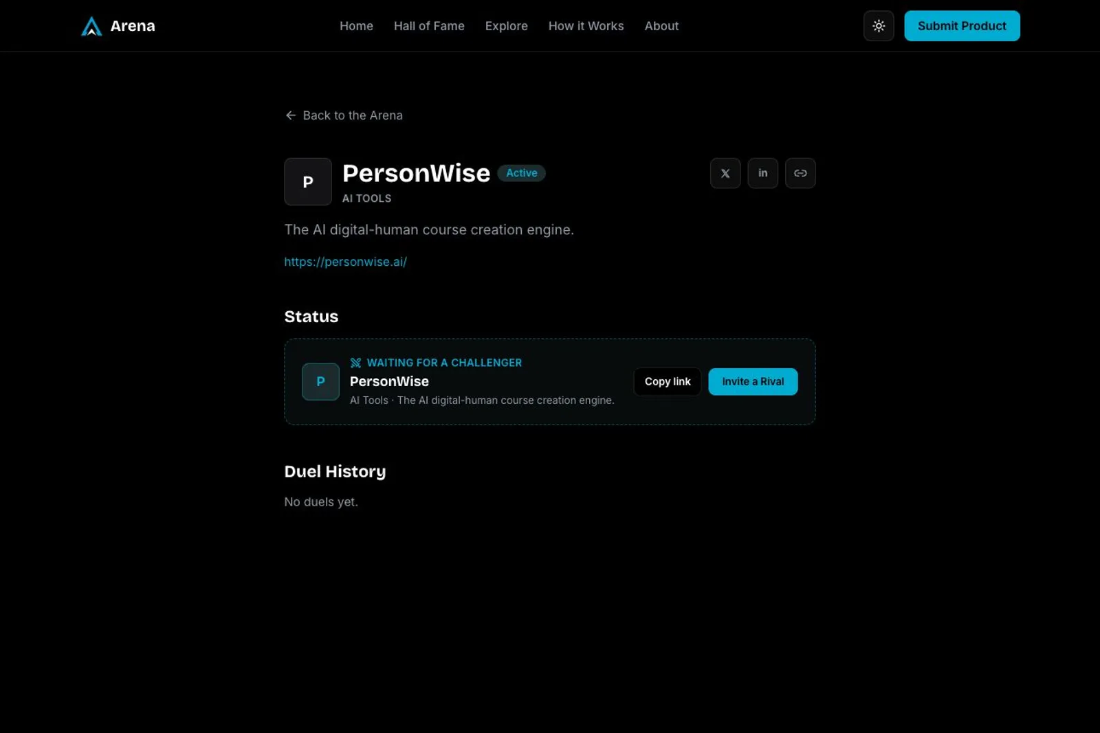 On the Arena product page for PersonWise, an Active badge appears beside the title under the AI TOOLS category, and a red-circled Status card reads WAITING FOR A CHALLENGER with Copy link and Invite a Rival buttons. Below, the Duel History section states No duels yet.