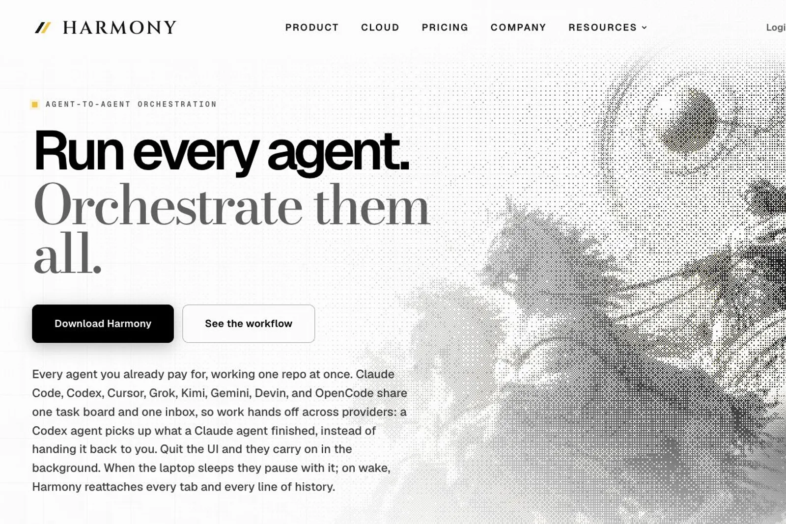 Harmony's homepage hero shows the eyebrow label AGENT-TO-AGENT ORCHESTRATION, the headline Run every agent. Orchestrate them all., and Download Harmony and See the workflow buttons beside a halftone illustration. A red ellipse annotates the dense paragraph beneath the buttons, which explains that agents from providers such as Claude Code, Codex, Cursor, Grok, Kimi, Gemini, Devin, and OpenCode share one task board and one inbox.