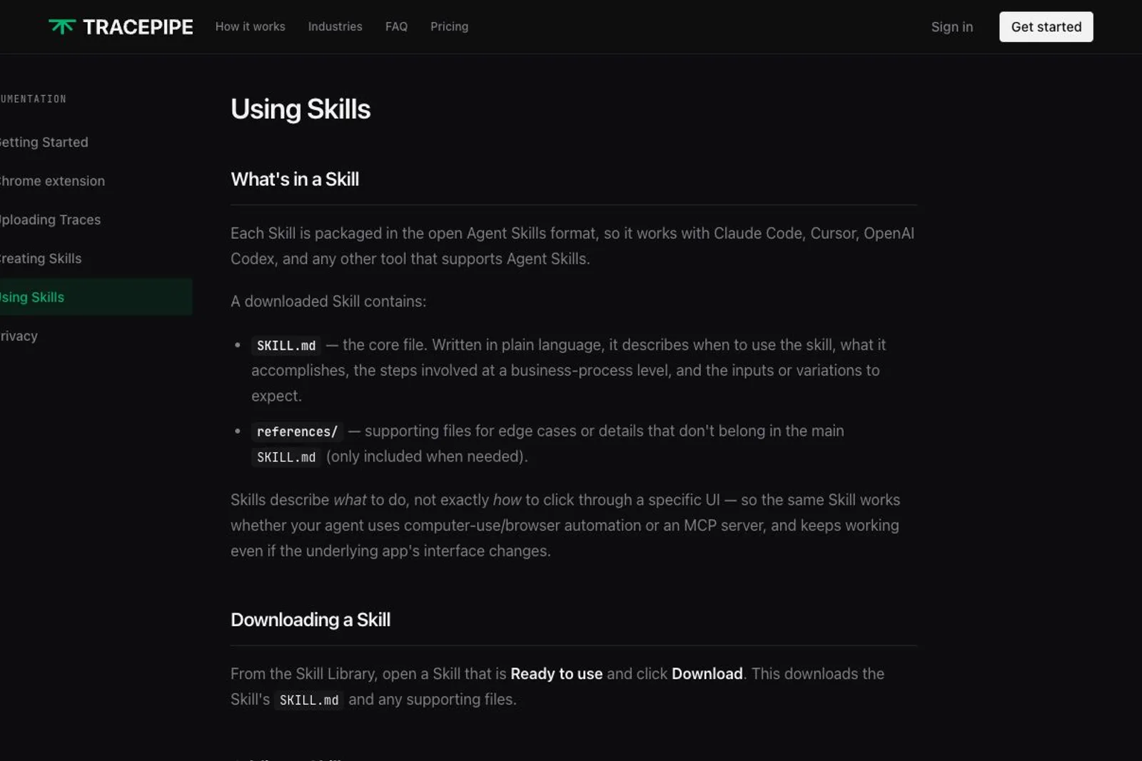 On the Tracepipe documentation page titled Using Skills, with the Using Skills item selected in the left sidebar, a red oval circles the What's in a Skill paragraph stating each Skill is packaged in the open Agent Skills format and works with Claude Code, Cursor, OpenAI Codex, and any other tool that supports Agent Skills, along with the line A downloaded Skill contains: and the SKILL.md bullet describing it as the core file. Below the circled area, the page lists a references/ bullet and a Downloading a Skill section mentioning Ready to use and Download.