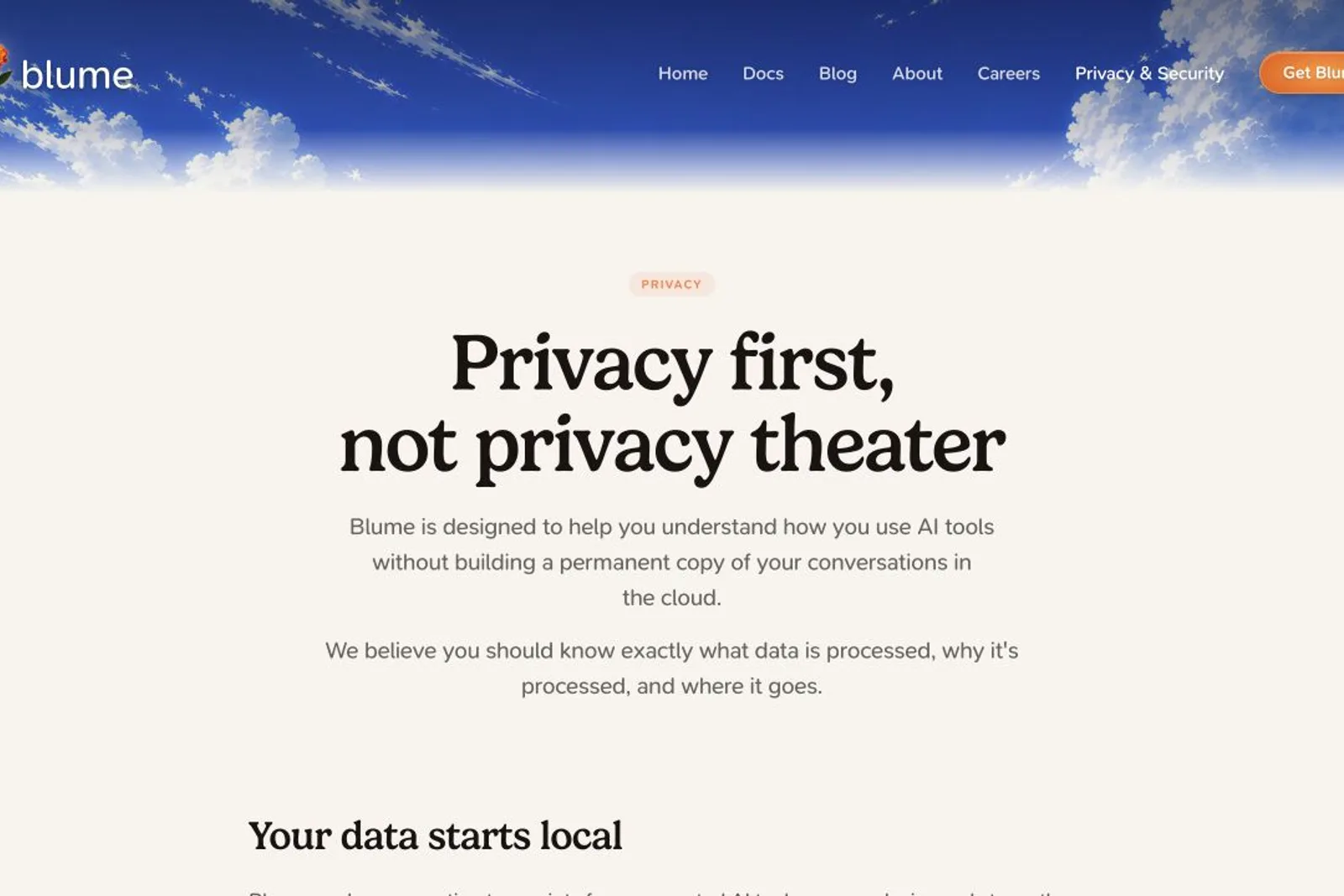 Blume's privacy page shows a PRIVACY tag above the heading Privacy first, not privacy theater, with intro text stating the tool avoids building a permanent copy of conversations in the cloud, followed by a section headed Your data starts local. The top navigation lists Home, Docs, Blog, About, Careers, Privacy & Security and a Get Blume button against a sky background.
