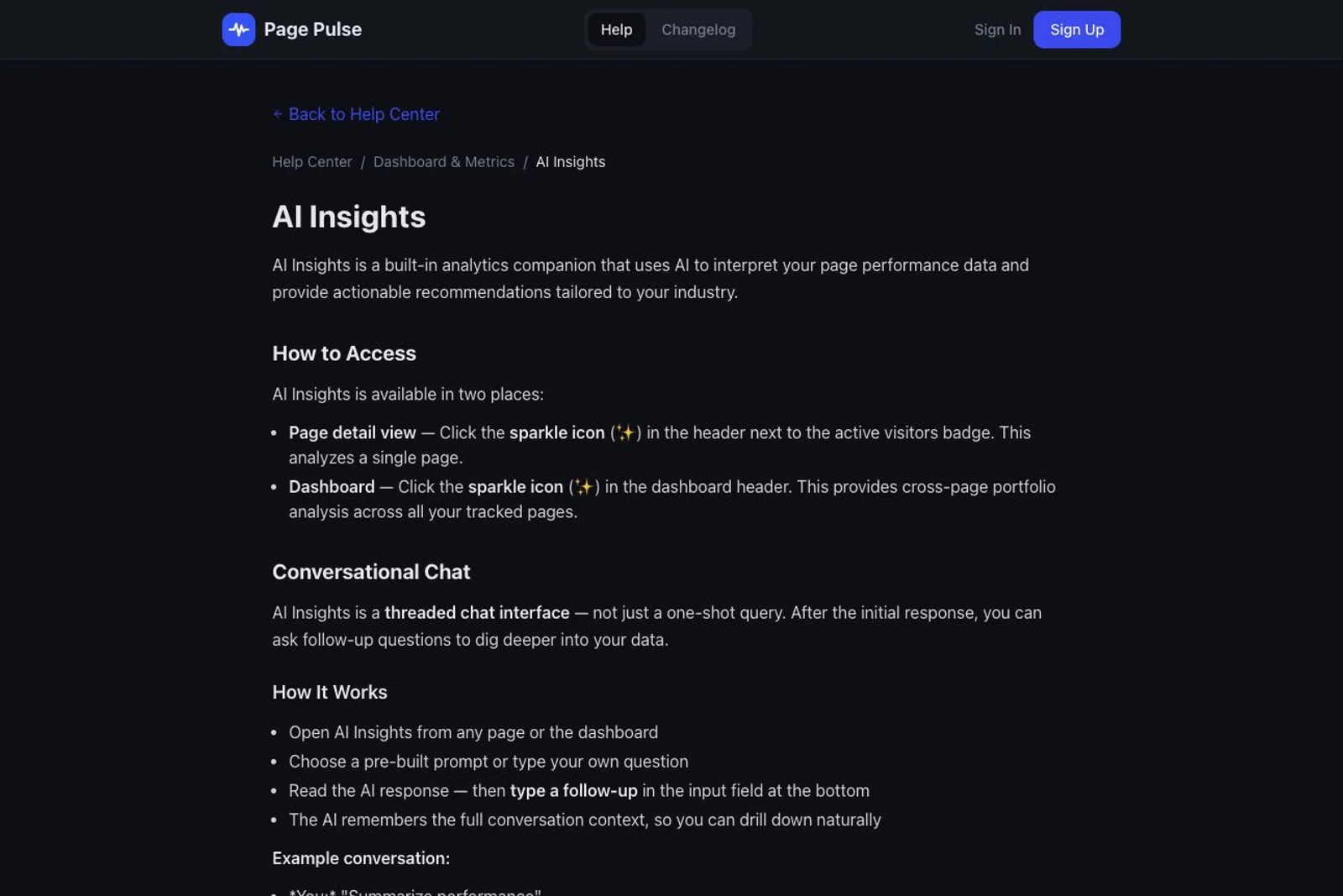 A Page Pulse Help Center documentation page, breadcrumb Help Center / Dashboard & Metrics / AI Insights, titled AI Insights, which describes the feature as an analytics companion accessed via the sparkle icon in the Page detail view or Dashboard for single-page and cross-page portfolio analysis. Sections titled How to Access, Conversational Chat, and How It Works explain the threaded chat interface and typing follow-up questions, ending at the start of an Example conversation list, with no review results or traffic data shown.