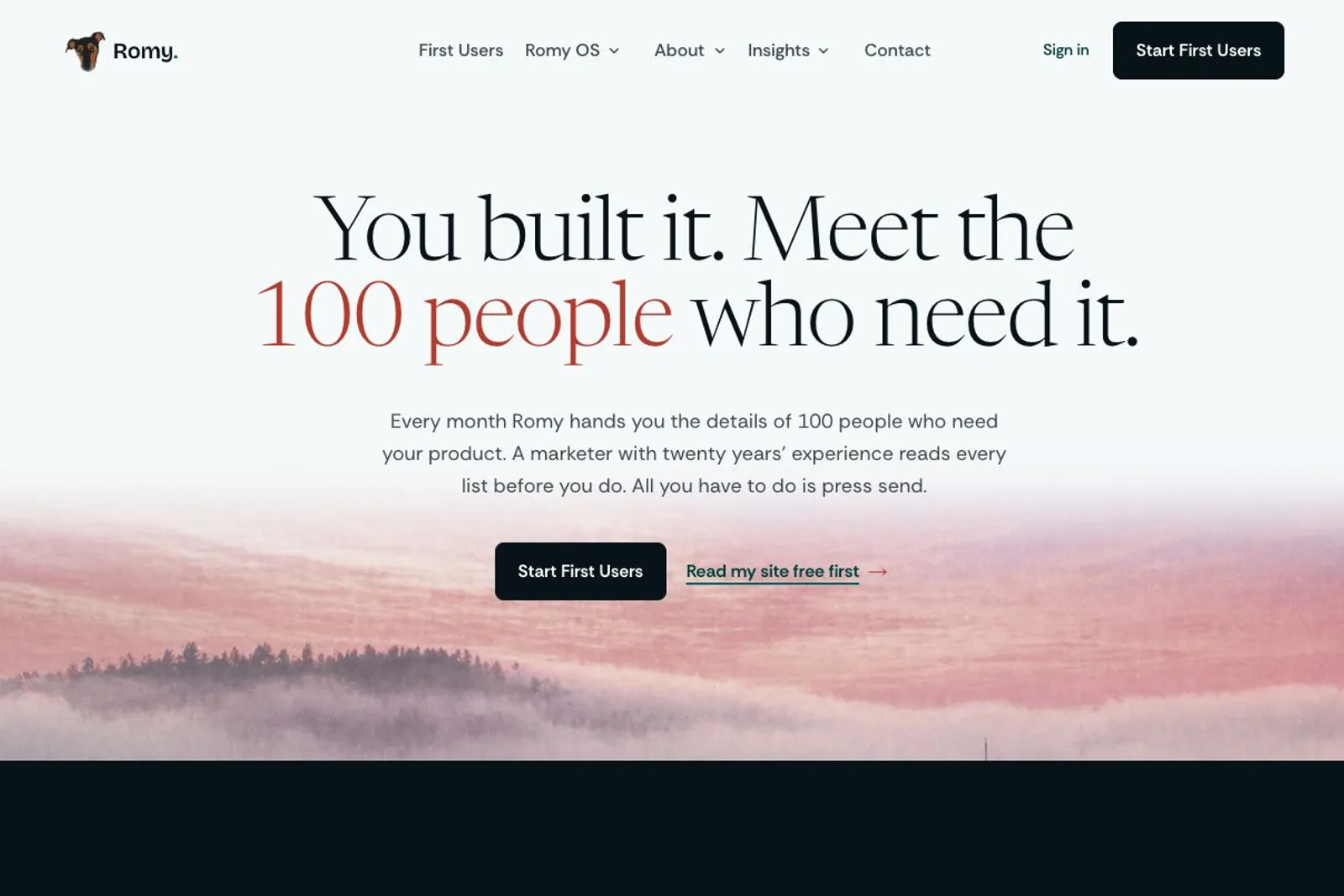 The Romy homepage hero shows the headline You built it. Meet the 100 people who need it., with a red hand-drawn ellipse circling the phrase 100 people who need it. Beneath the supporting paragraph, a black Start First Users button sits beside an underlined Read my site free first link with a right-pointing arrow, matching the noted placement of the free-read link next to the main call to action.