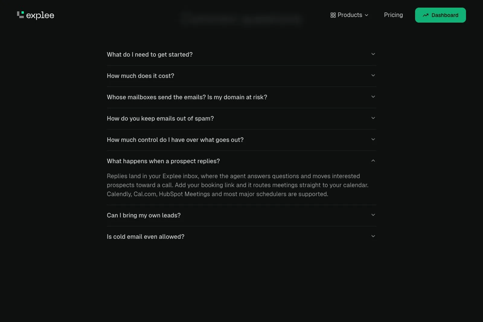 On Explee's dark FAQ page, the accordion question What happens when a prospect replies? is expanded, and a red hand-drawn oval circles the answer paragraph stating that replies land in the Explee inbox, where the agent answers questions and moves interested prospects toward a call, and that adding a booking link routes meetings straight to the calendar with Calendly, Cal.com, and HubSpot Meetings supported. Other collapsed questions such as What do I need to get started?, How much does it cost?, and Is cold email even allowed? remain closed above and below, beneath a header showing Products, Pricing, and a Dashboard button.