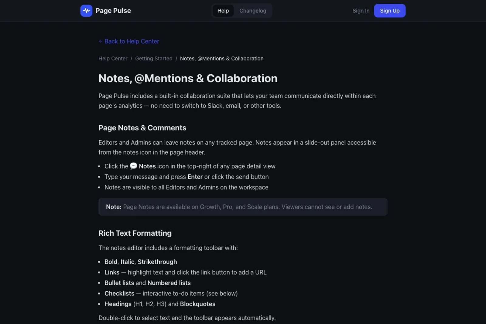 A Page Pulse Help Center article titled Notes, @Mentions & Collaboration, under the breadcrumb Help Center / Getting Started, describes a built-in collaboration suite that lets teams communicate directly within each page's analytics, with a Page Notes & Comments section listing steps such as clicking the Notes icon in the top-right of any page detail view and a callout stating Page Notes are available on Growth, Pro, and Scale plans. Below, a Rich Text Formatting section lists toolbar options including Bold, Italic, Strikethrough, Links, Bullet lists, Numbered lists, Checklists, Headings and Blockquotes, and no red author annotations appear in the cropped view.