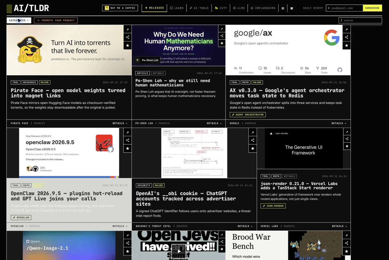 The AI/TLDR releases page shows a grid of feed cards in a black-and-yellow layout, each pairing category labels such as TOOL, REPO, MAJOR, ARTICLE and SECURITY with a headline, a one-line summary, and a footer listing source counts and a DETAILS link. A red annotation arrow circles the CATEGORIES dropdown in the toolbar above the feed, while the header offers an email field with a SUBSCRIBE button.