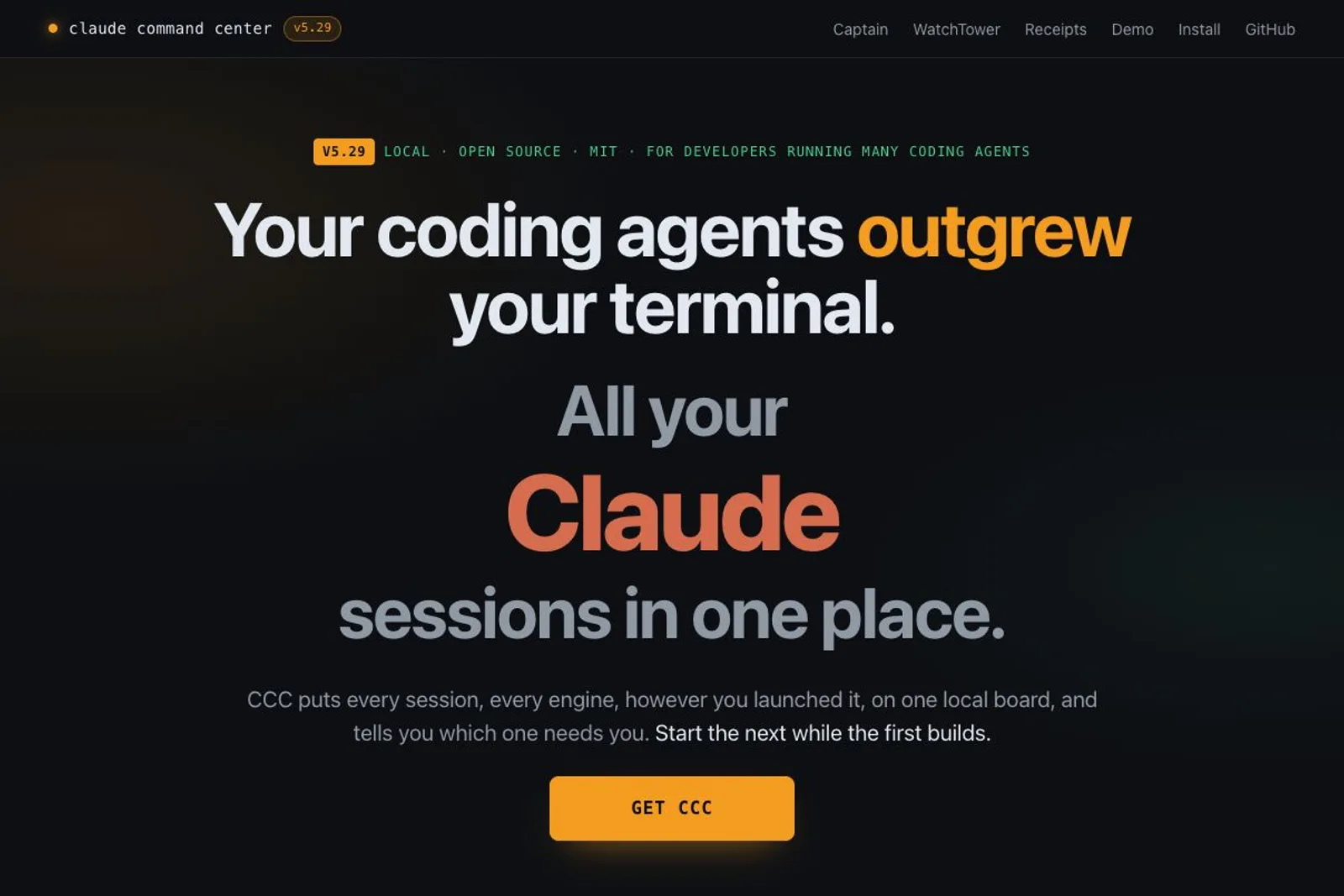 A dark homepage for claude command center v5.29 shows nav links Captain, WatchTower, Receipts, Demo, Install and GitHub, with a hero whose heading Your coding agents outgrew your terminal. is circled by a red author annotation. Below the circled heading are the lines All your Claude sessions in one place., a paragraph stating CCC puts every session, every engine on one local board, a GET CCC button, and a badge row reading V5.29 LOCAL · OPEN SOURCE · MIT · FOR DEVELOPERS RUNNING MANY CODING AGENTS.