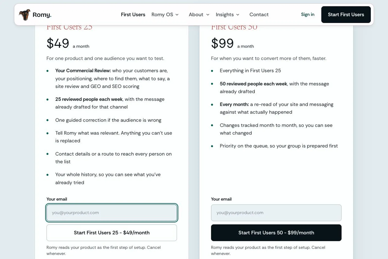 A pricing page shows two plan cards side by side, First Users 25 at $49 a month and First Users 50 at $99 a month, each listing feature bullets above a Your email input field and a start button. A red oval annotation circles the email field and the Start First Users 25 - $49/month button on the lower-priced plan.
