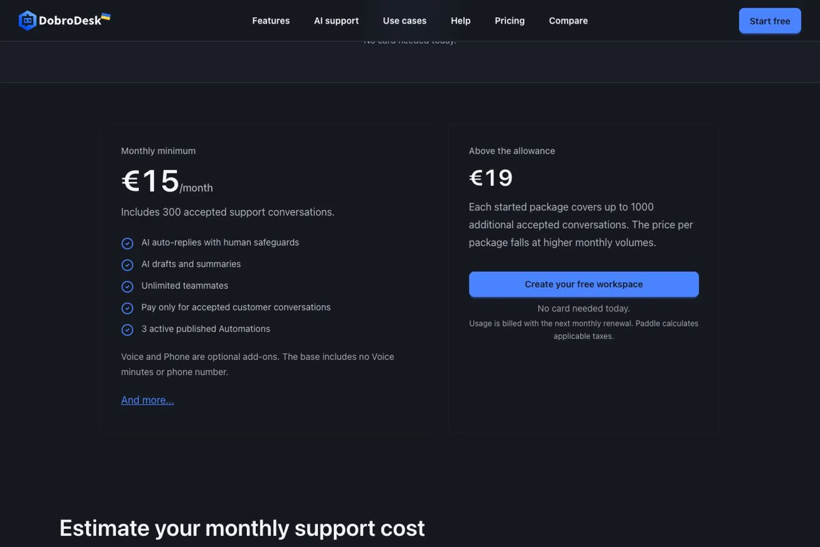 DobroDesk's pricing section shows a Monthly minimum card at €15/month that includes 300 accepted support conversations, with checklist items such as Unlimited teammates and Pay only for accepted customer conversations, plus a note that Voice and Phone are optional add-ons. The adjacent Above the allowance card lists €19 per started package covering up to 1000 additional accepted conversations, a Create your free workspace button, and notes that usage is billed with the next monthly renewal and Paddle calculates applicable taxes.
