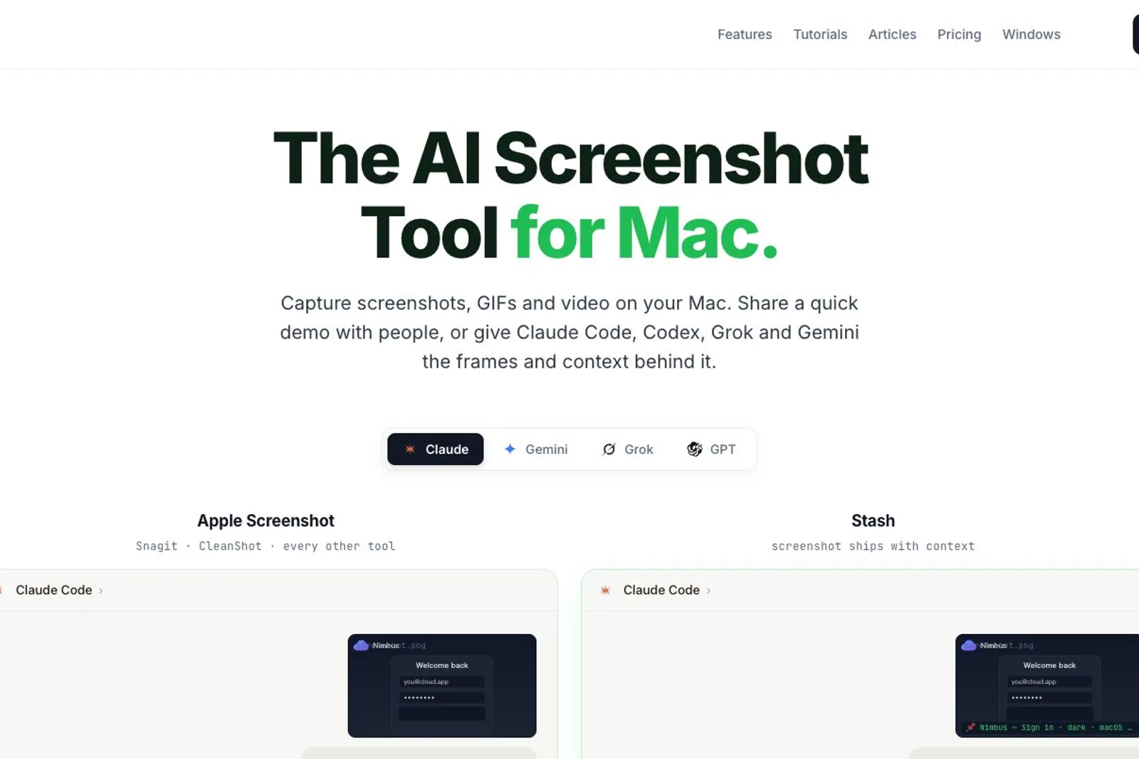 On the Stash homepage, the headline "The AI Screenshot Tool for Mac." is circled in red above copy about capturing screenshots, GIFs and video and giving Claude Code, Codex, Grok and Gemini the frames and context behind it. Below, a tab row with Claude selected (beside Gemini, Grok, GPT) precedes two comparison columns headed "Apple Screenshot" and "Stash," each showing a Claude Code panel with a Nimbus screenshot thumbnail, while the Stash column adds a context bar reading "Nimbus — Sign in · dark · macOS."