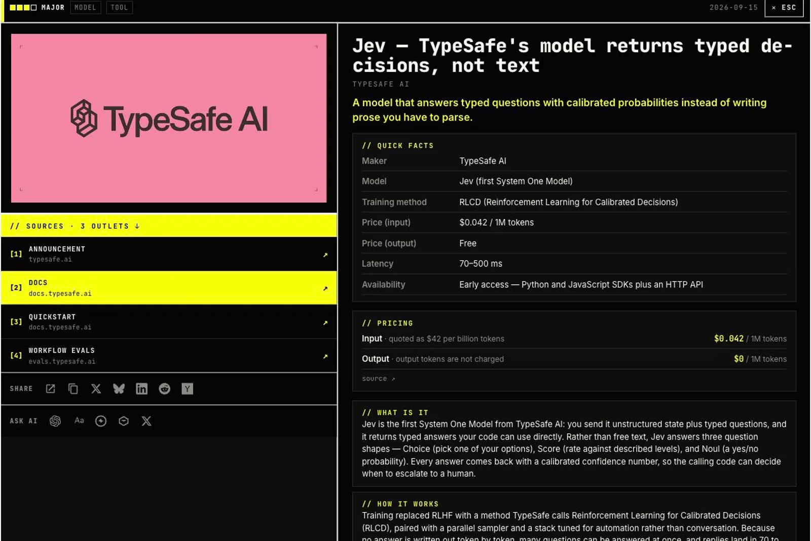 The AI/TLDR release detail page for Jev — TypeSafe's model returns typed decisions, not text shows a left sidebar with a TypeSafe AI logo block and a // SOURCES · 3 OUTLETS list of numbered links: Announcement (typesafe.ai), Docs (docs.typesafe.ai, highlighted row), Quickstart (docs.typesafe.ai), and Workflow Evals (evals.typesafe.ai). The main panel places a yellow summary sentence beside concise sections including // QUICK FACTS (Maker, Model, Training method, Price input/output, Latency, Availability), // PRICING, // WHAT IS IT, and // HOW IT WORKS.