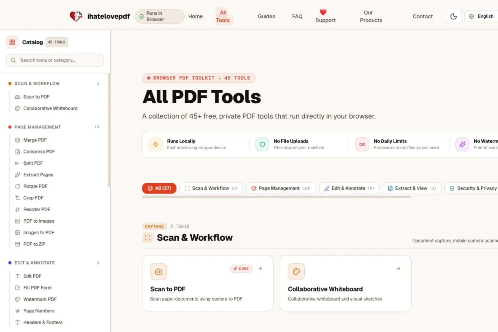 The All PDF Tools catalog page shows a sidebar of grouped tools and filter chips such as All (37), Scan & Workflow (2), and Page Management (10), with tool cards like Scan to PDF and Collaborative Whiteboard in the main area. A red highlight marks the All Tools navigation item, and a red circle encloses the Edit & Annotate sidebar group listing Edit PDF, Fill PDF Form, Watermark PDF, Page Numbers, and Headers & Footers.