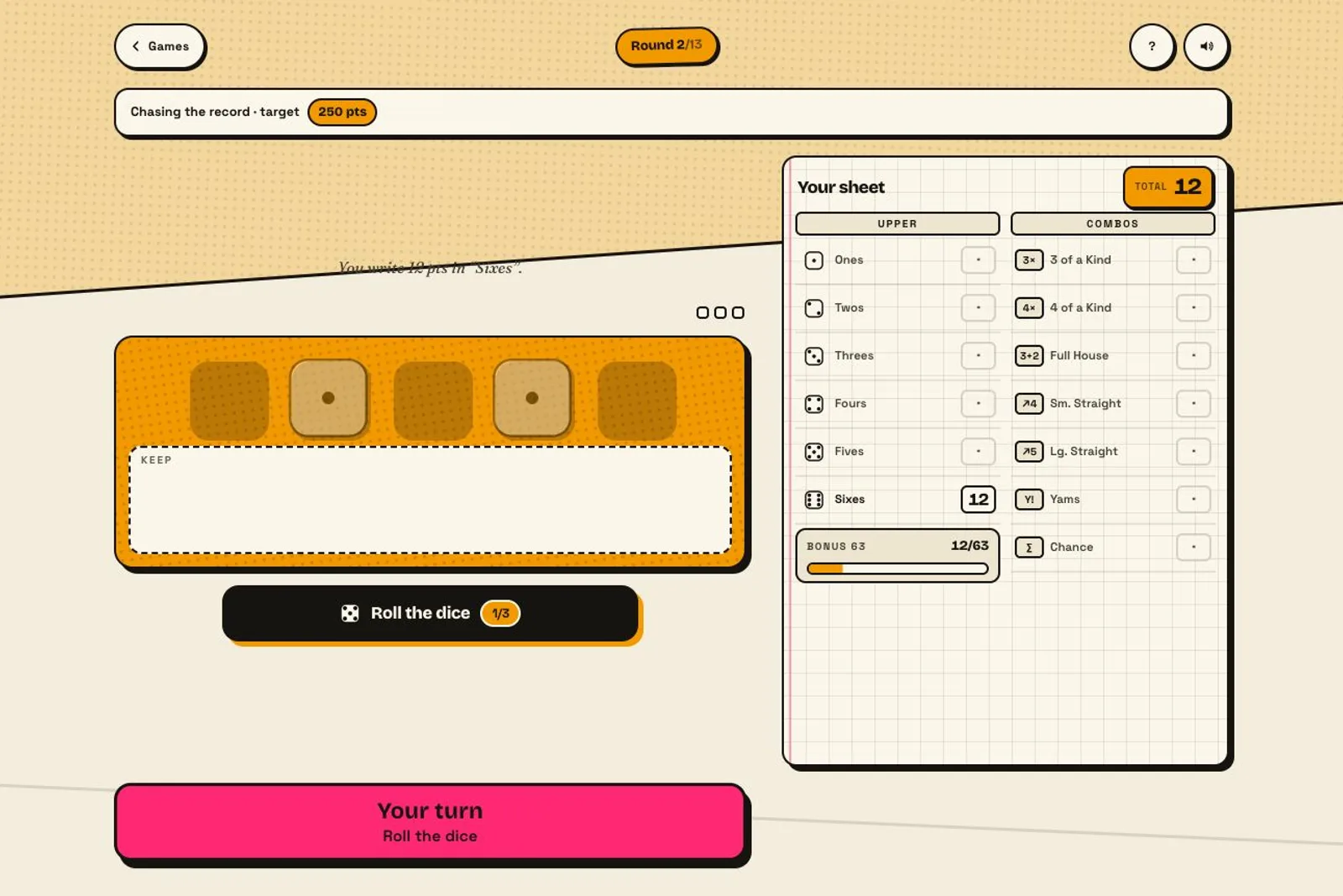 A Yams game screen at Round 2/13 shows the score sheet panel Your sheet with TOTAL 12, the Sixes row filled with 12, bonus progress 12/63 and all other Upper and Combos rows empty, next to a dice tray with an empty KEEP zone, a Roll the dice 1/3 button and a pink Your turn banner. A struck-through annotation line above the tray reads You write 12 pts in "Sixes", and the top banner states Chasing the record · target 250 pts.